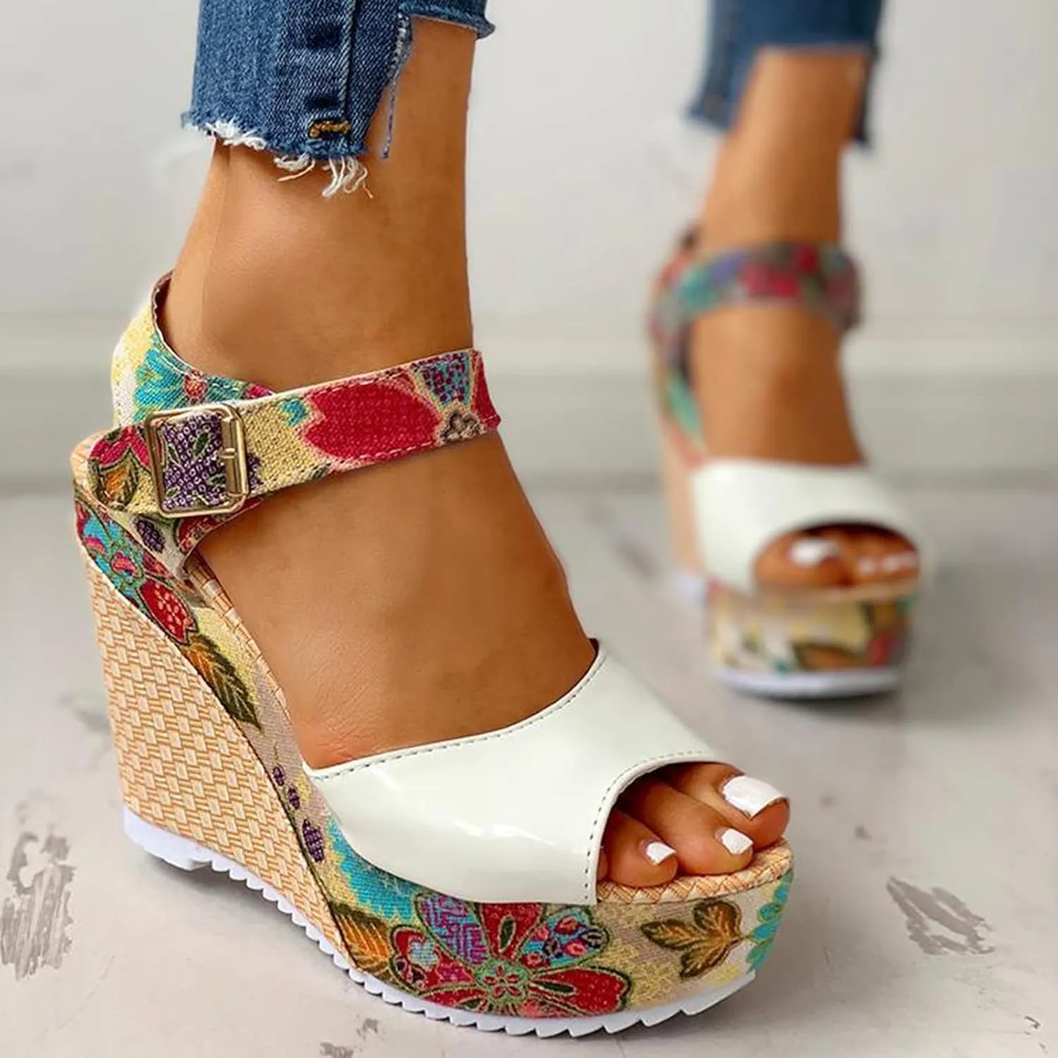 Women's Floral Printing Fish Toe Boho Wedge Sandals Elegant Printed Ankle Strap Buckle Espadrille Slip-On Platform Heel Sandals Summer High Heel Casual Shoes