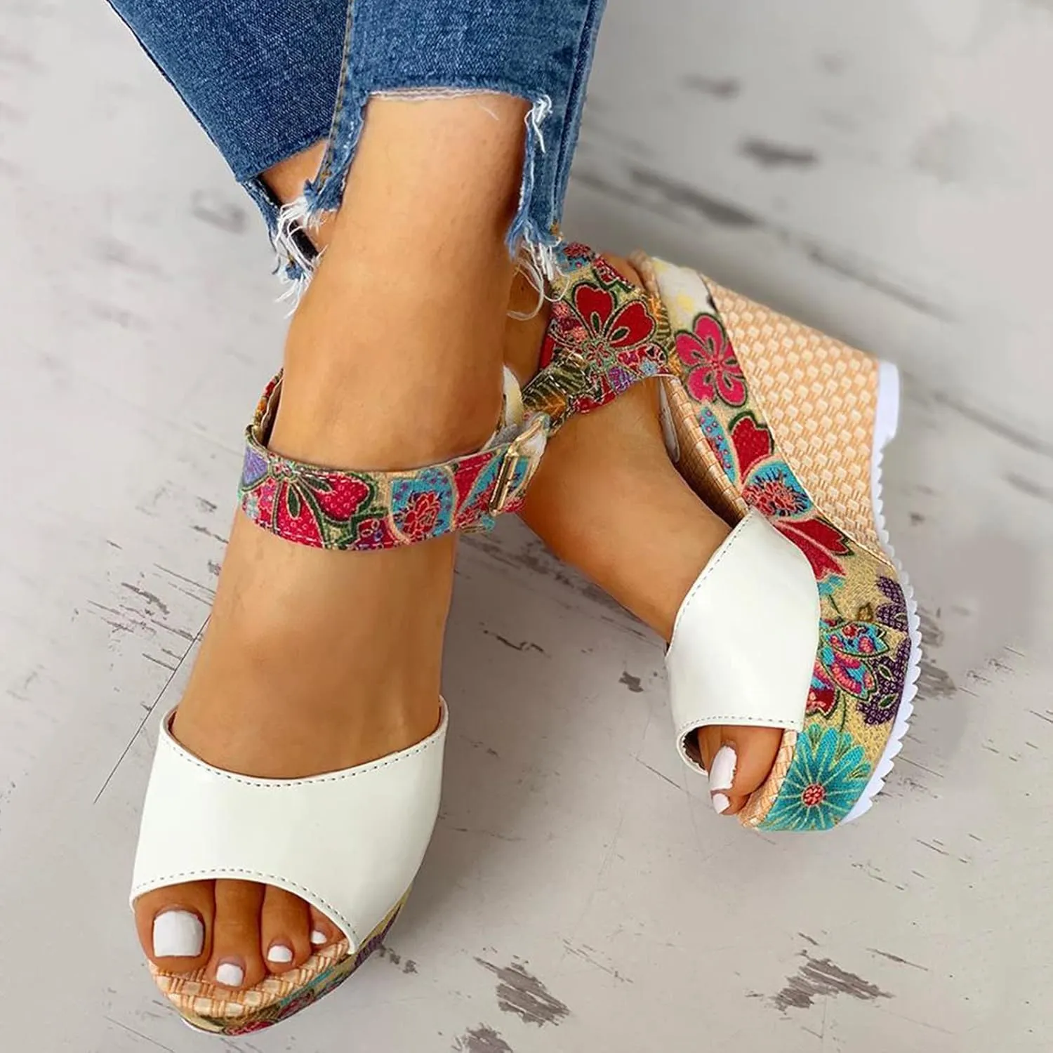 Women's Floral Printing Fish Toe Boho Wedge Sandals Elegant Printed Ankle Strap Buckle Espadrille Slip-On Platform Heel Sandals Summer High Heel Casual Shoes