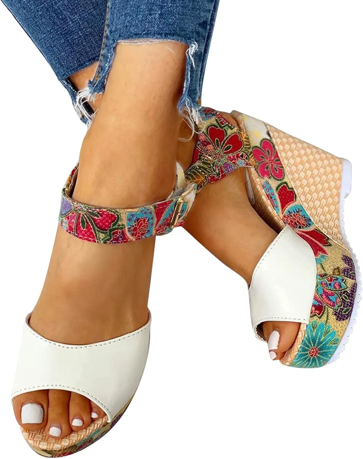 Women's Floral Printing Fish Toe Boho Wedge Sandals Elegant Printed Ankle Strap Buckle Espadrille Slip-On Platform Heel Sandals Summer High Heel Casual Shoes