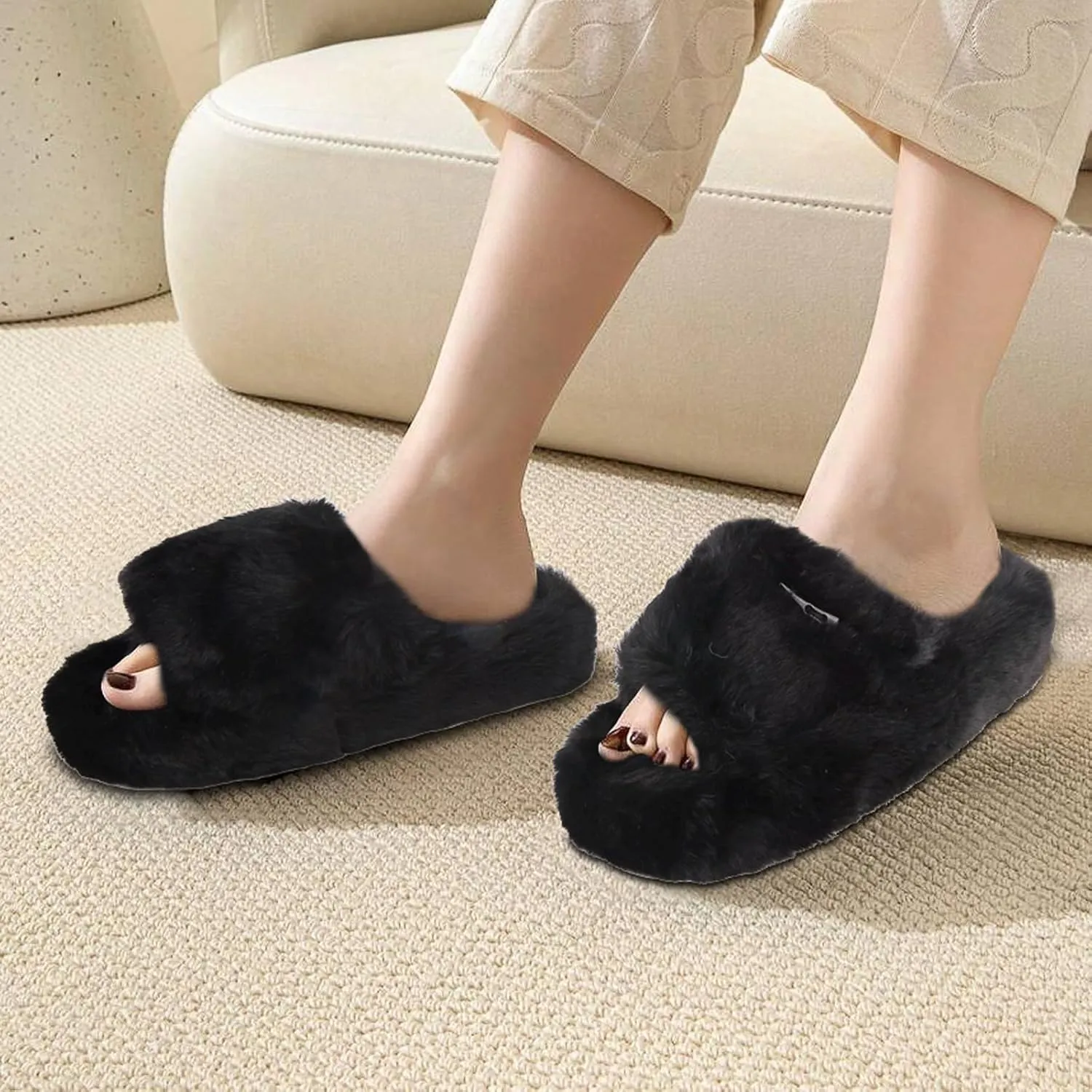 Women's Fuzzy Slippers | Comfy Memory Foam Plush Slides