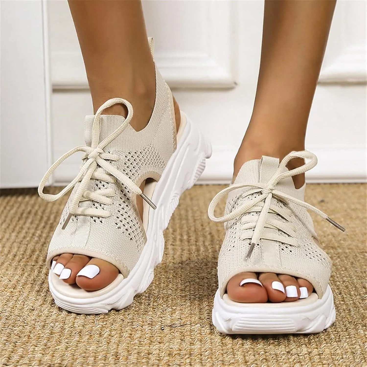 Womens Hollow Out Breathable Platform Wedge Sandals Mesh Casual Thick Soled Lace Up Sandals Open Toe Beach Shoes Ankle Strap Comfortable Walking Shoes
