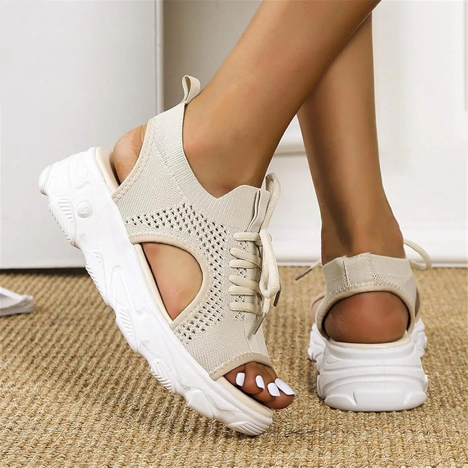 Womens Hollow Out Breathable Platform Wedge Sandals Mesh Casual Thick Soled Lace Up Sandals Open Toe Beach Shoes Ankle Strap Comfortable Walking Shoes