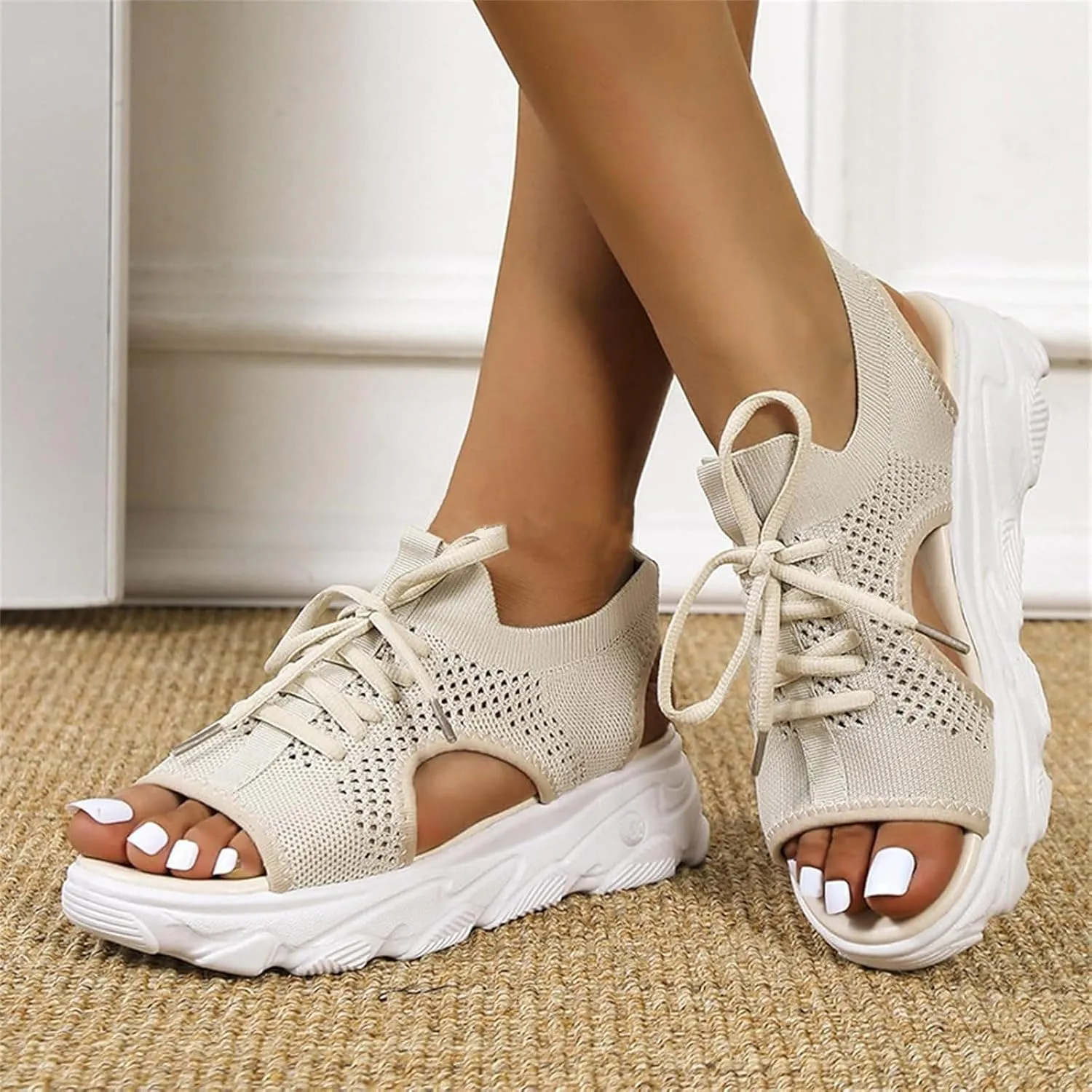 Womens Hollow Out Breathable Platform Wedge Sandals Mesh Casual Thick Soled Lace Up Sandals Open Toe Beach Shoes Ankle Strap Comfortable Walking Shoes