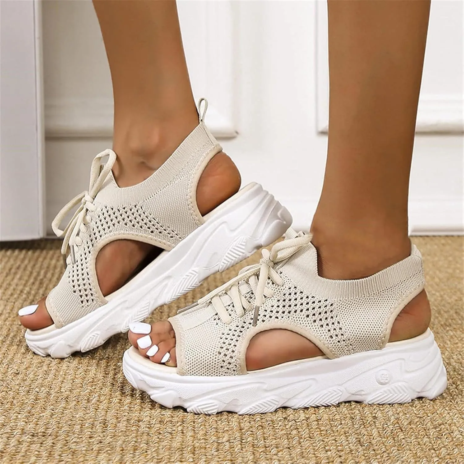 Womens Hollow Out Breathable Platform Wedge Sandals Mesh Casual Thick Soled Lace Up Sandals Open Toe Beach Shoes Ankle Strap Comfortable Walking Shoes