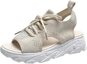 Womens Hollow Out Breathable Platform Wedge Sandals Mesh Casual Thick Soled Lace Up Sandals Open Toe Beach Shoes Ankle Strap Comfortable Walking Shoes