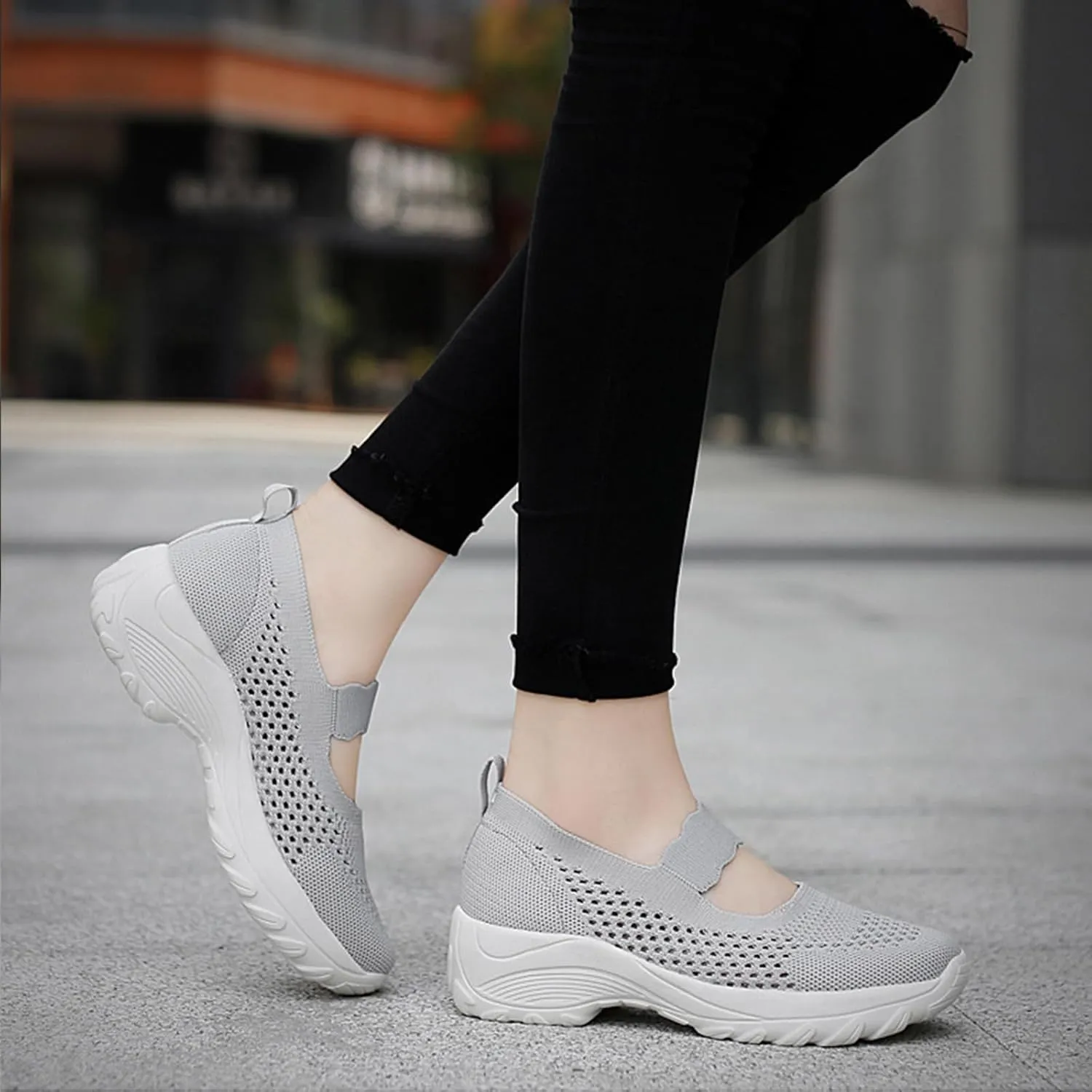 Women's Knitting Platform Wedge Orthopedic Mary Jane Walking Shoes Comfortable Breathable Mesh Elastic Ankle Strap Arch Support Memory Foam Sole Gym Running Sneakers