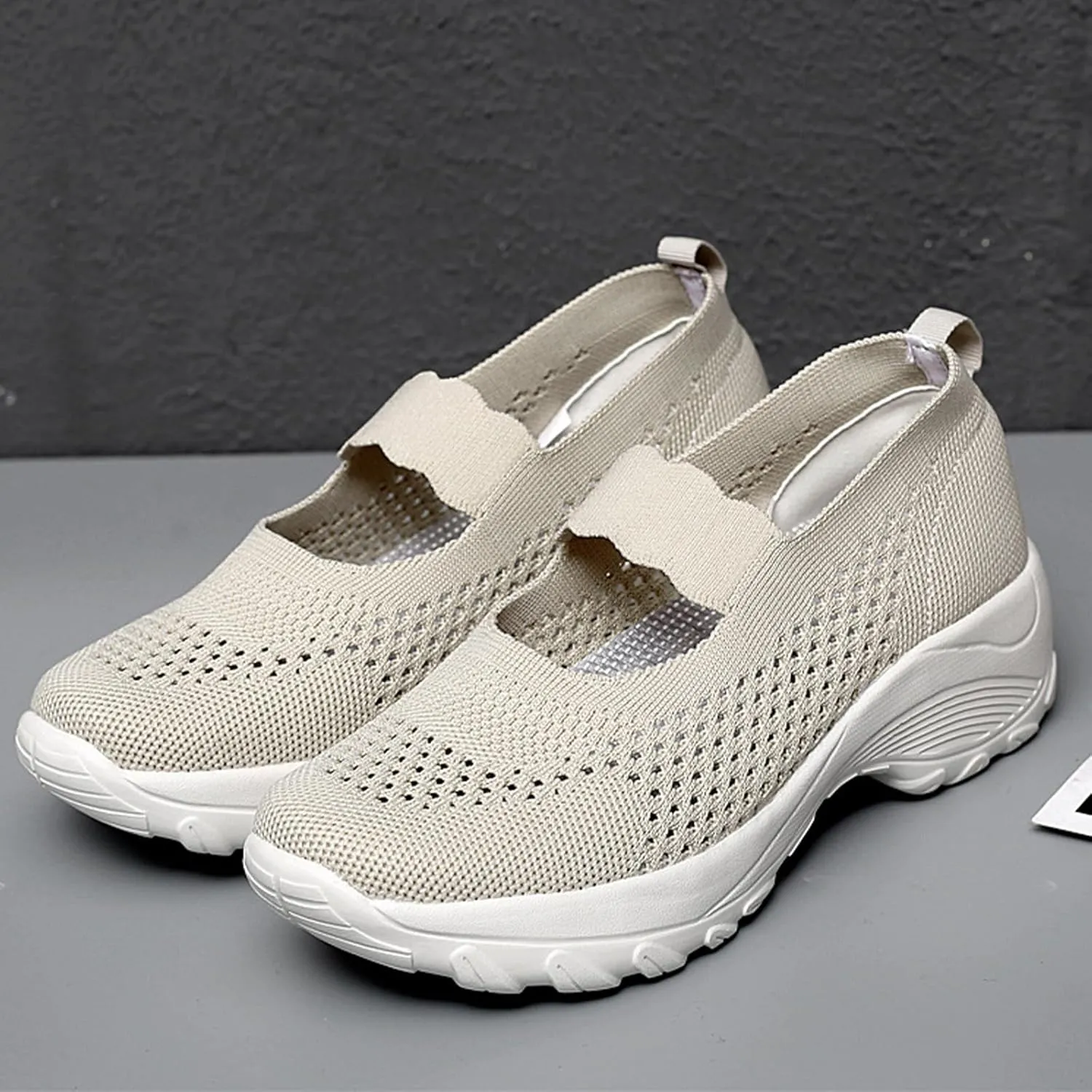 Women's Knitting Platform Wedge Orthopedic Mary Jane Walking Shoes Comfortable Breathable Mesh Elastic Ankle Strap Arch Support Memory Foam Sole Gym Running Sneakers