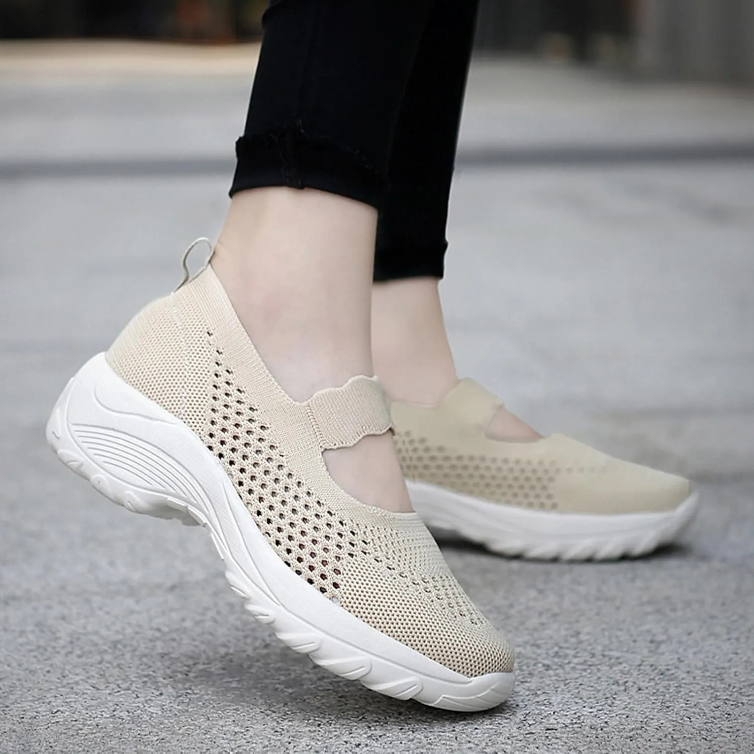 Women's Knitting Platform Wedge Orthopedic Mary Jane Walking Shoes Comfortable Breathable Mesh Elastic Ankle Strap Arch Support Memory Foam Sole Gym Running Sneakers