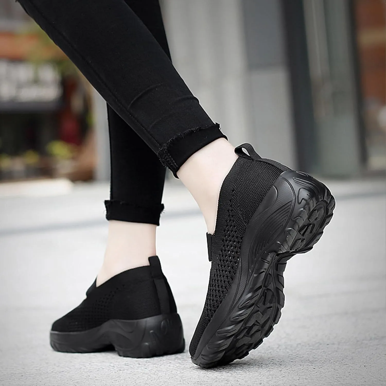 Women's Knitting Platform Wedge Orthopedic Mary Jane Walking Shoes Comfortable Breathable Mesh Elastic Ankle Strap Arch Support Memory Foam Sole Gym Running Sneakers