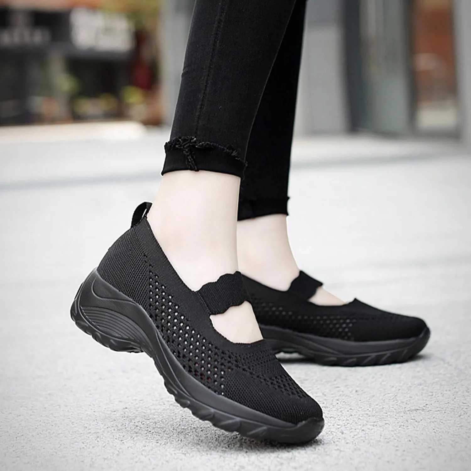 Women's Knitting Platform Wedge Orthopedic Mary Jane Walking Shoes Comfortable Breathable Mesh Elastic Ankle Strap Arch Support Memory Foam Sole Gym Running Sneakers