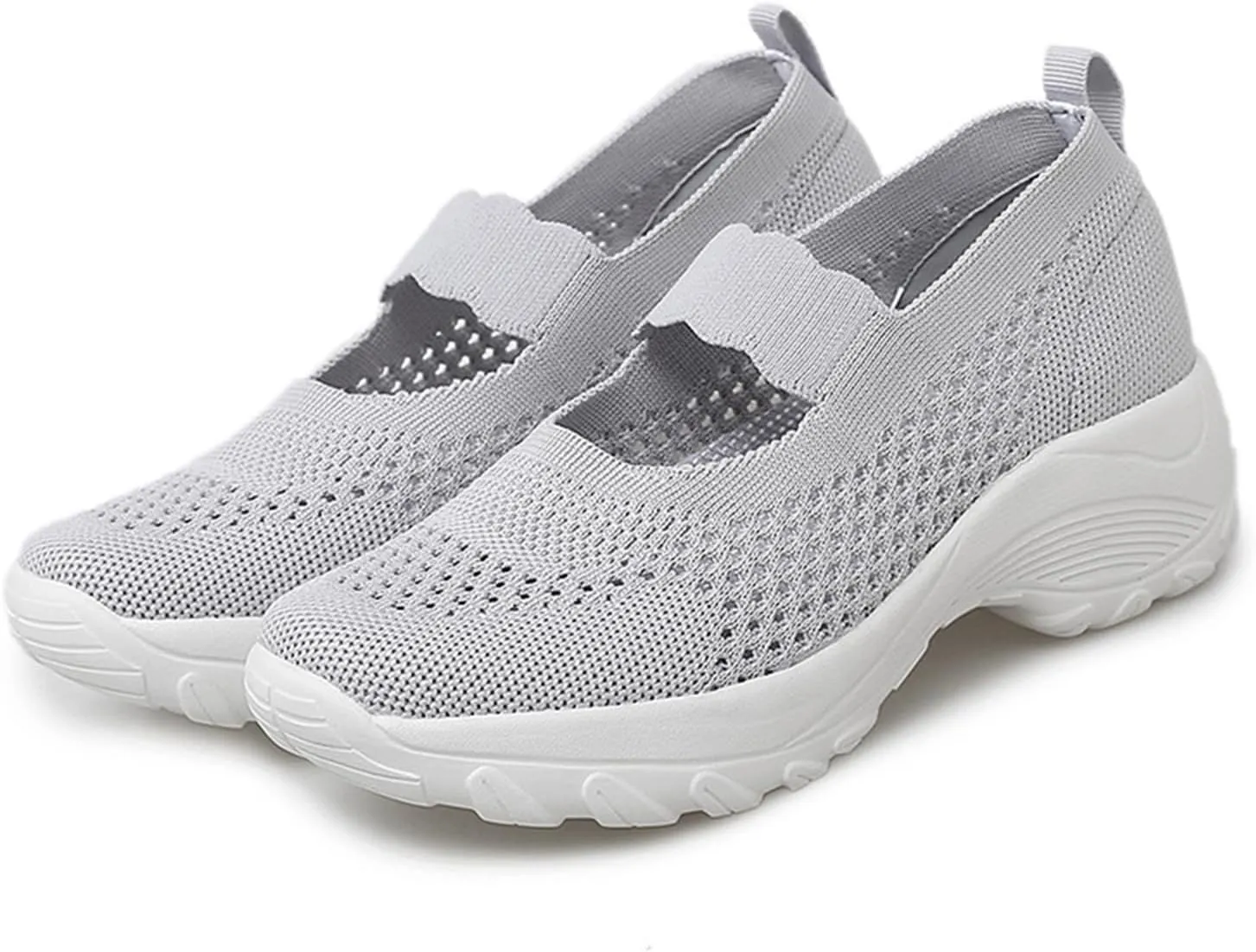 Women's Knitting Platform Wedge Orthopedic Mary Jane Walking Shoes Comfortable Breathable Mesh Elastic Ankle Strap Arch Support Memory Foam Sole Gym Running Sneakers