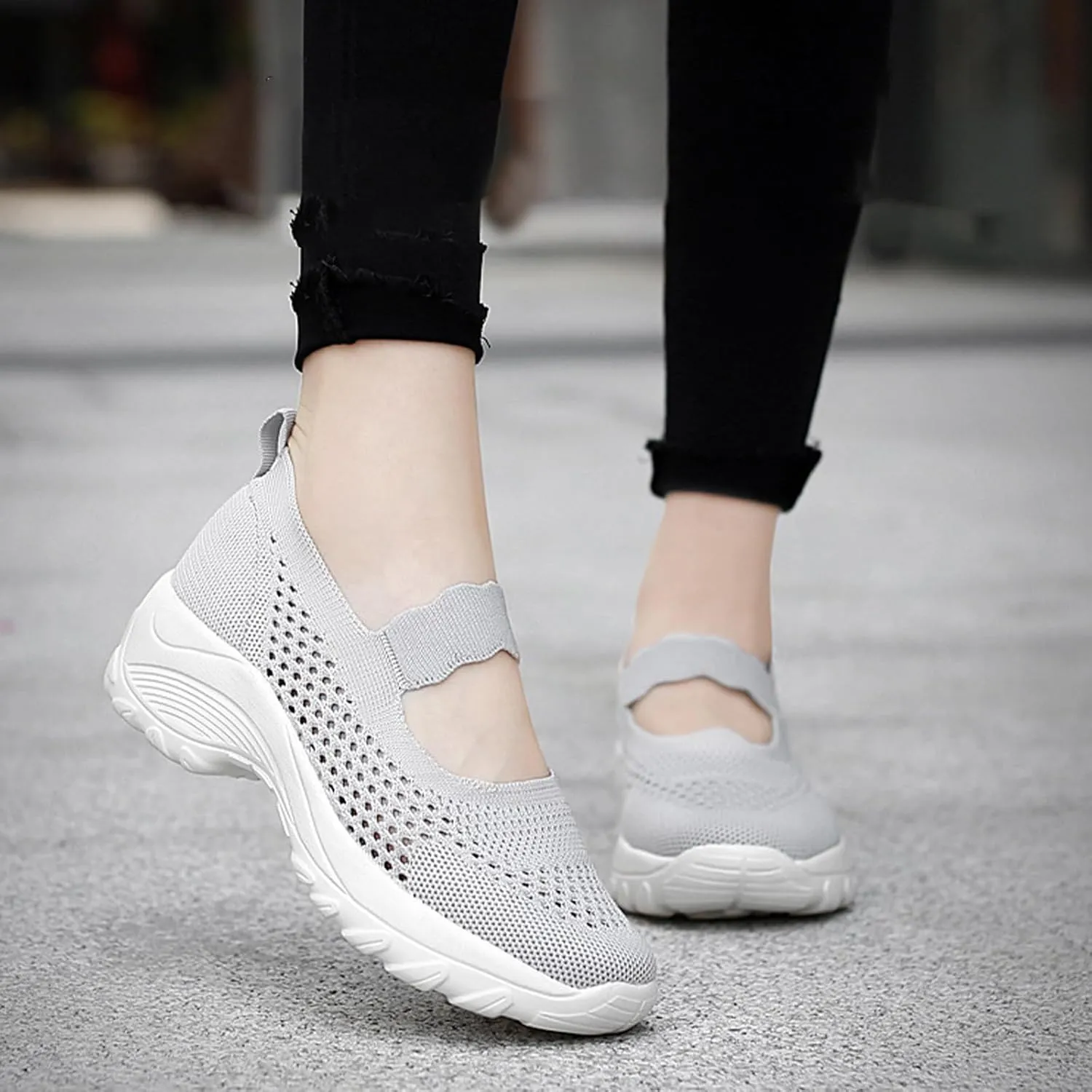 Women's Knitting Platform Wedge Orthopedic Mary Jane Walking Shoes Comfortable Breathable Mesh Elastic Ankle Strap Arch Support Memory Foam Sole Gym Running Sneakers