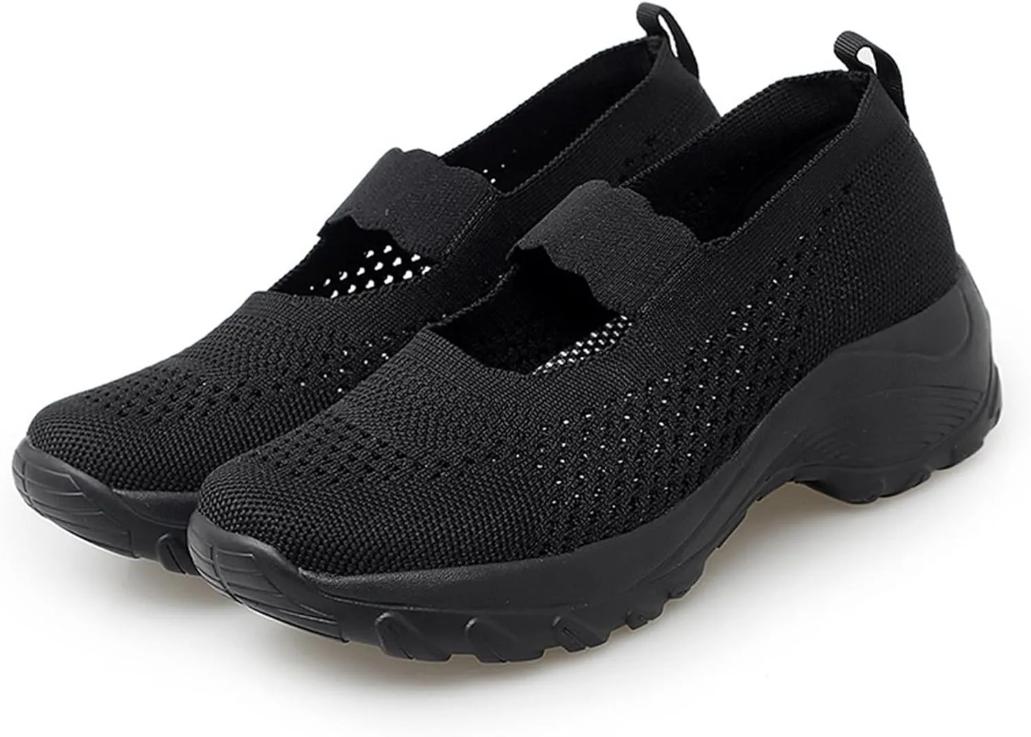 Women's Knitting Platform Wedge Orthopedic Mary Jane Walking Shoes Comfortable Breathable Mesh Elastic Ankle Strap Arch Support Memory Foam Sole Gym Running Sneakers