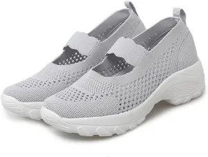 Women's Knitting Platform Wedge Orthopedic Mary Jane Walking Shoes Comfortable Breathable Mesh Elastic Ankle Strap Arch Support Memory Foam Sole Gym Running Sneakers