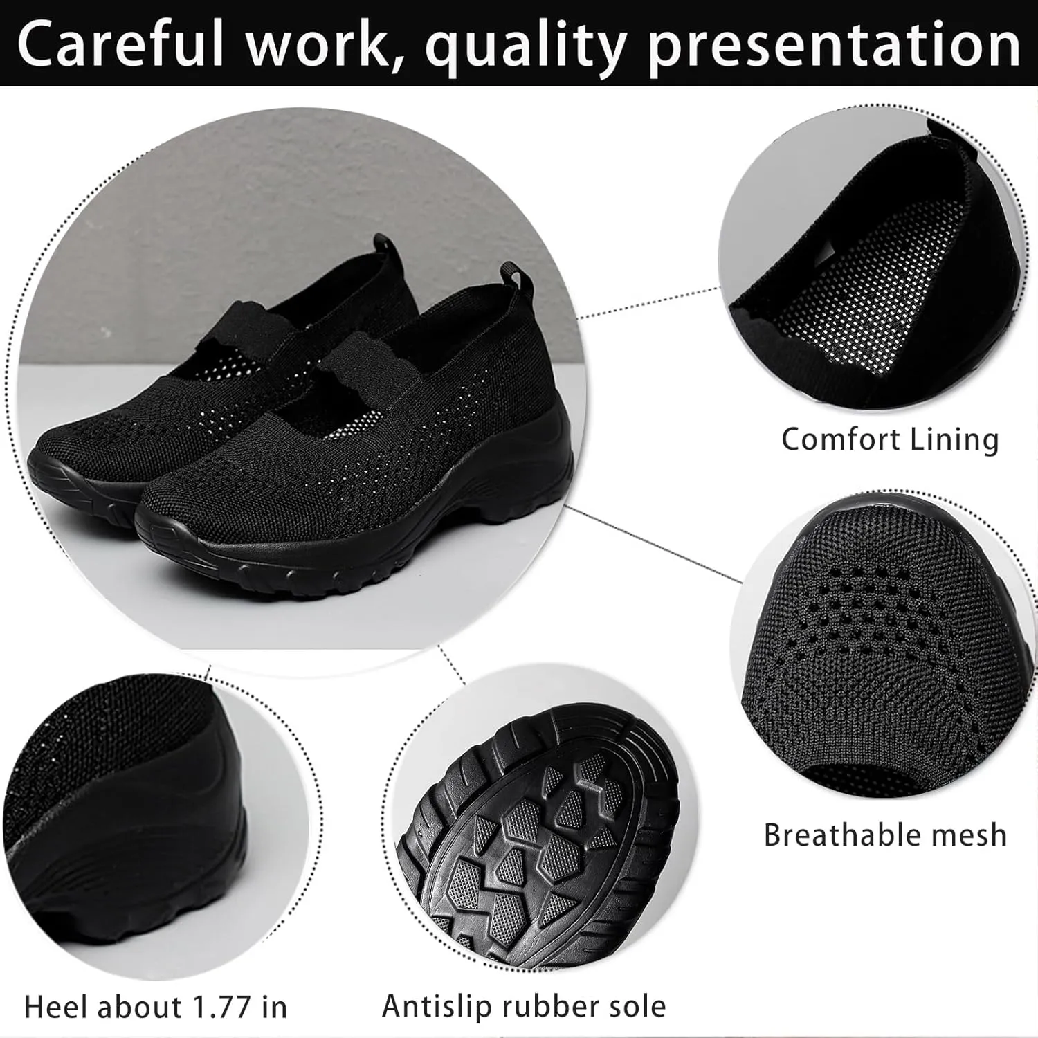 Women's Knitting Platform Wedge Orthopedic Mary Jane Walking Shoes Comfortable Breathable Mesh Elastic Ankle Strap Arch Support Memory Foam Sole Gym Running Sneakers