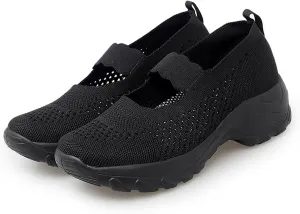Women's Knitting Platform Wedge Orthopedic Mary Jane Walking Shoes Comfortable Breathable Mesh Elastic Ankle Strap Arch Support Memory Foam Sole Gym Running Sneakers