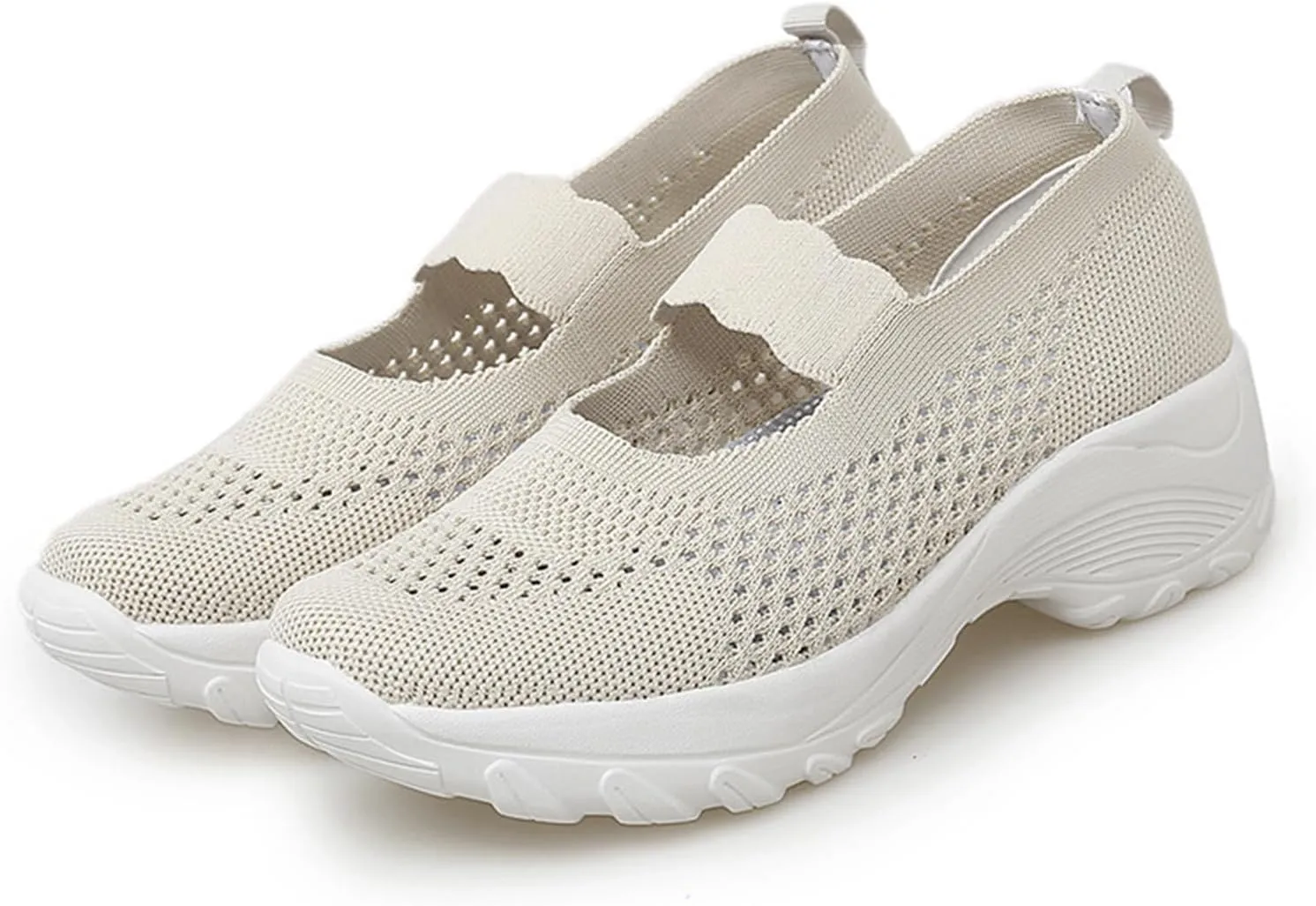 Women's Knitting Platform Wedge Orthopedic Mary Jane Walking Shoes Comfortable Breathable Mesh Elastic Ankle Strap Arch Support Memory Foam Sole Gym Running Sneakers
