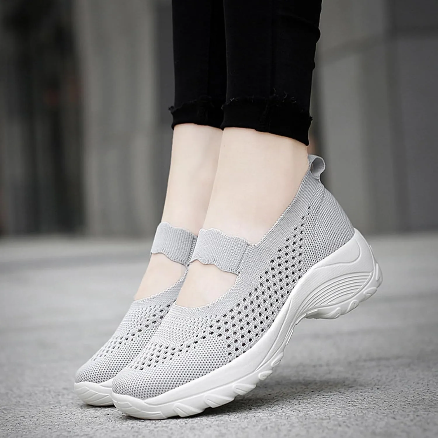 Women's Knitting Platform Wedge Orthopedic Mary Jane Walking Shoes Comfortable Breathable Mesh Elastic Ankle Strap Arch Support Memory Foam Sole Gym Running Sneakers