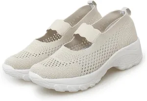 Women's Knitting Platform Wedge Orthopedic Mary Jane Walking Shoes Comfortable Breathable Mesh Elastic Ankle Strap Arch Support Memory Foam Sole Gym Running Sneakers