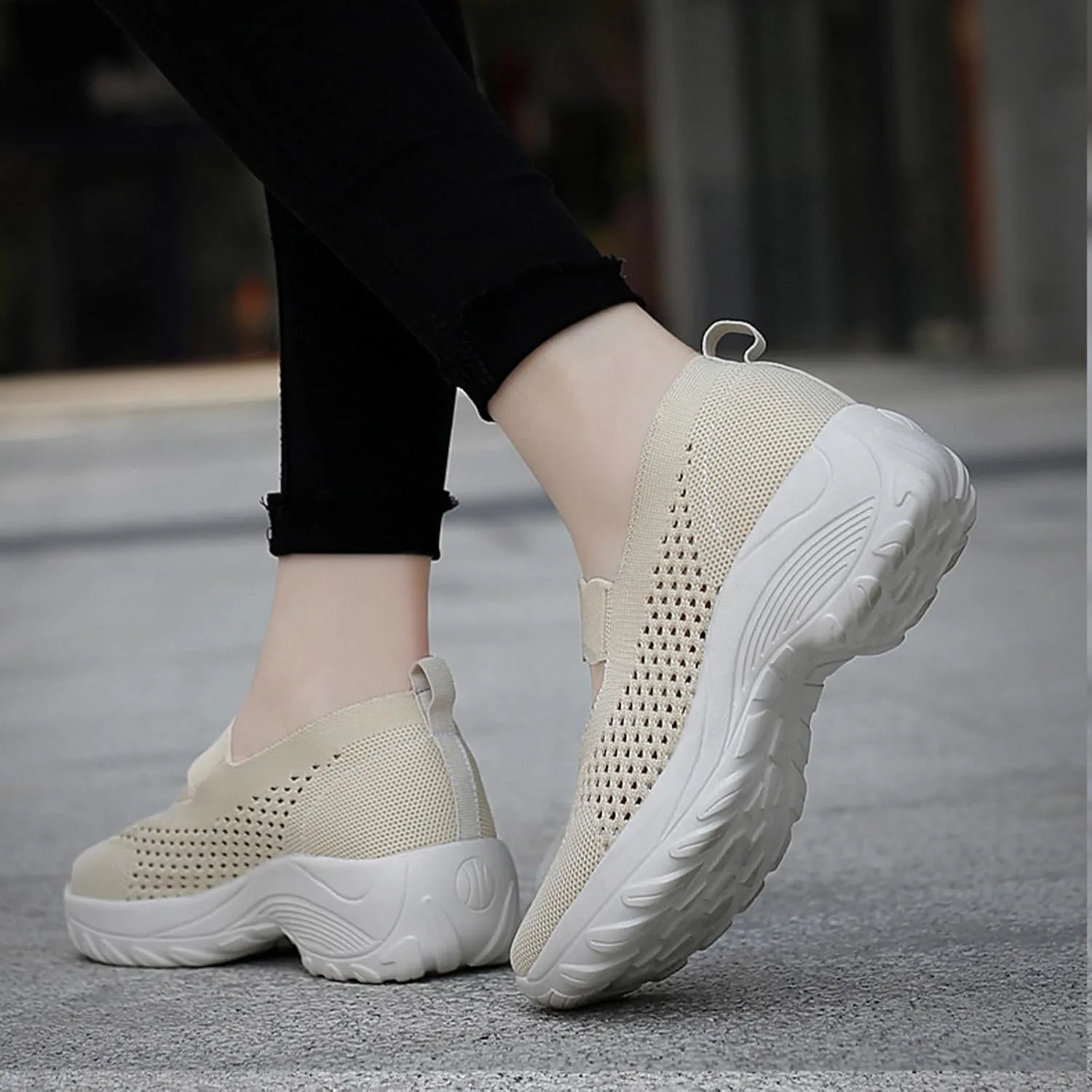 Women's Knitting Platform Wedge Orthopedic Mary Jane Walking Shoes Comfortable Breathable Mesh Elastic Ankle Strap Arch Support Memory Foam Sole Gym Running Sneakers
