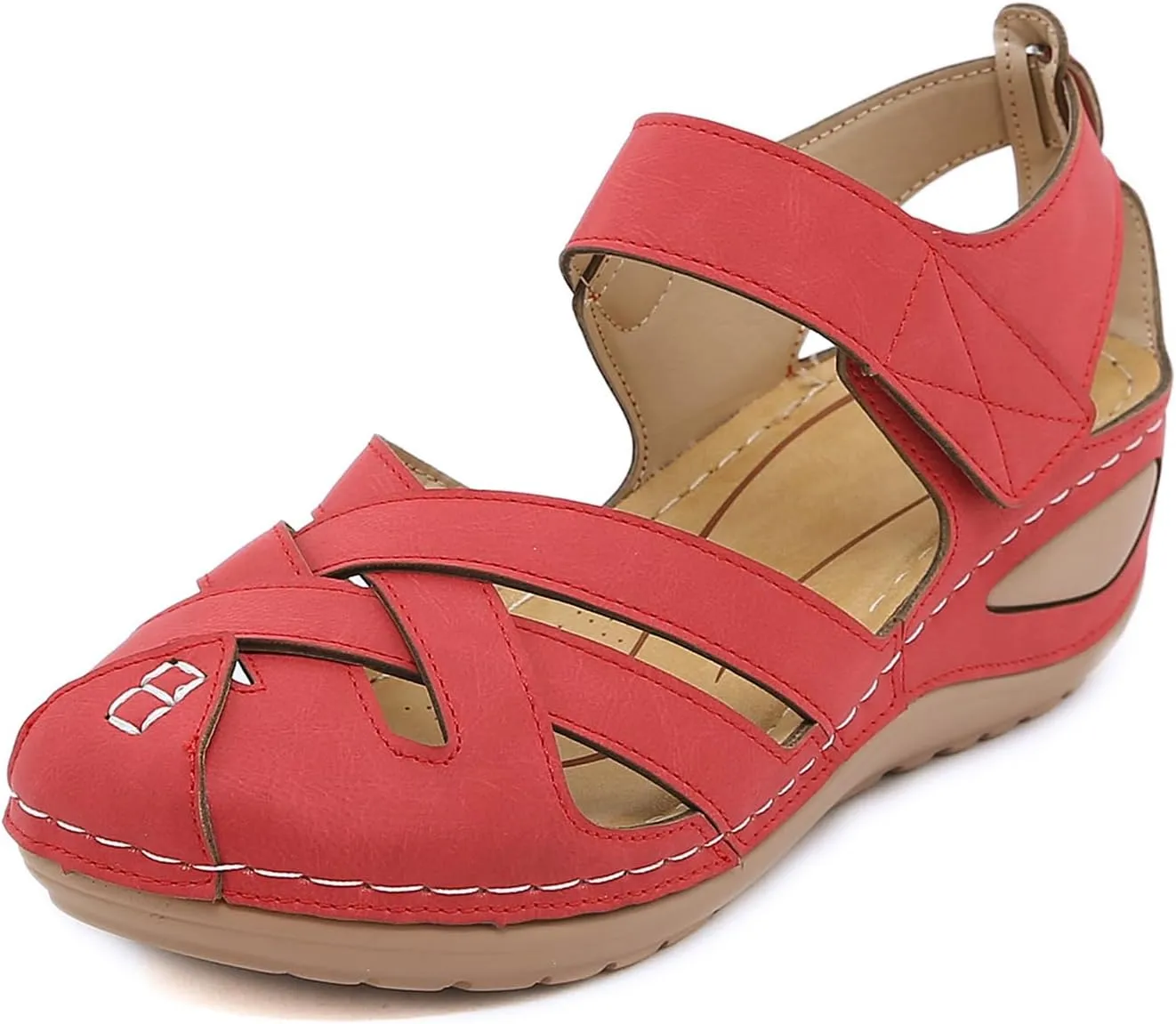 Womens Leather Cutout Shoes Cute Slip On Comfort Walking Flats Closed Toe Boat Shoes Comfortable Breathable Outdoor Walking Sandal