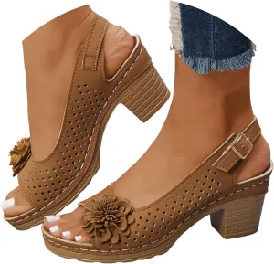 Womens Open Toe Ankle Strap Chunky High Heels Sandals Shoes 2025 Summer Casual Solid Color Hollow Out Floral Decor Sandals Stylish Lightweight Platform Wedge Sandal Summer Fashion Footwear