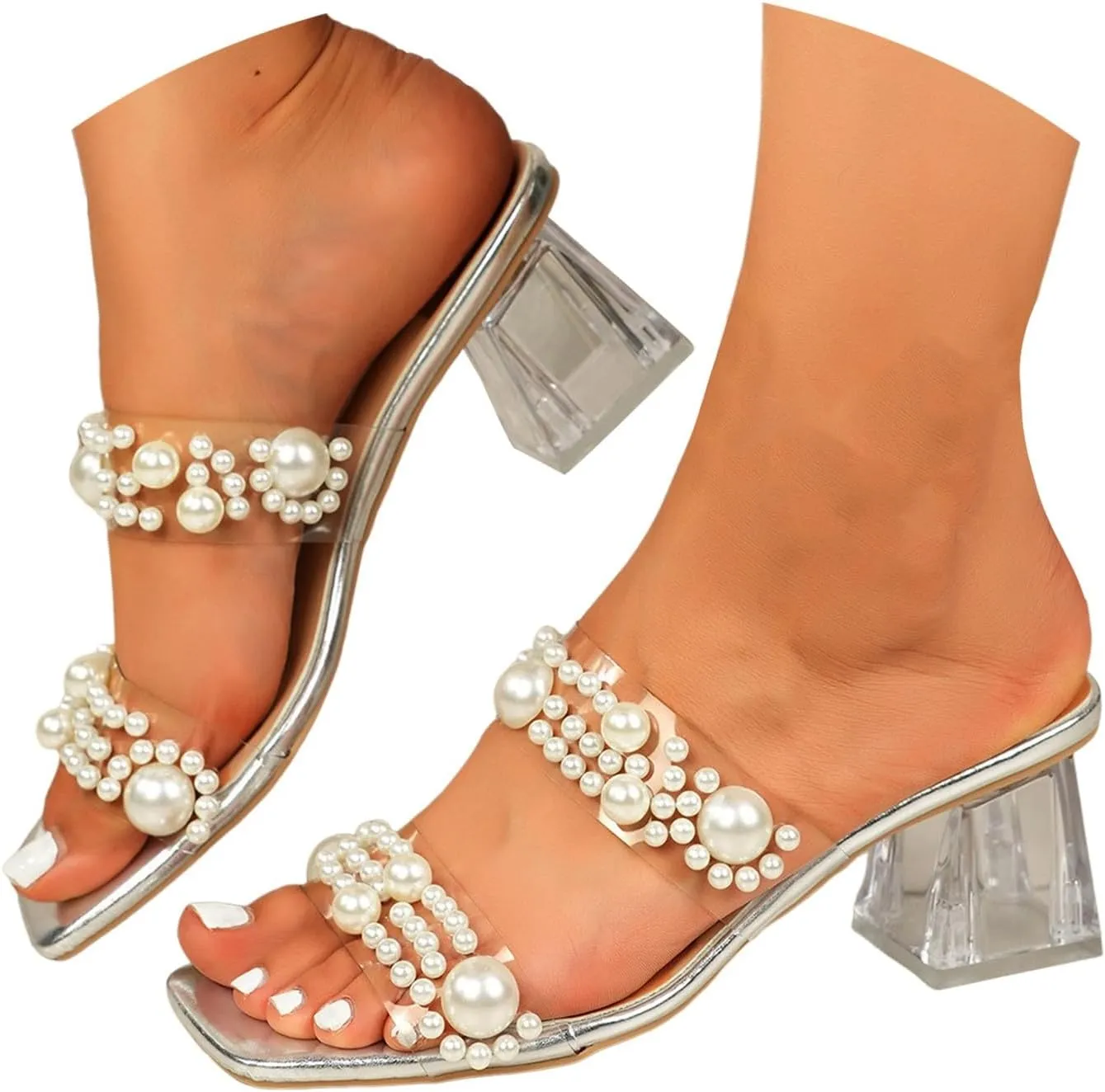 Women's Pearl Heels Sandals 2025 Summer Casual Square Clear Chunky Low Heel Sandals Transparent Strap Stiletto High Heels Slip on Mules Party Wedding Daily Wear Footwear