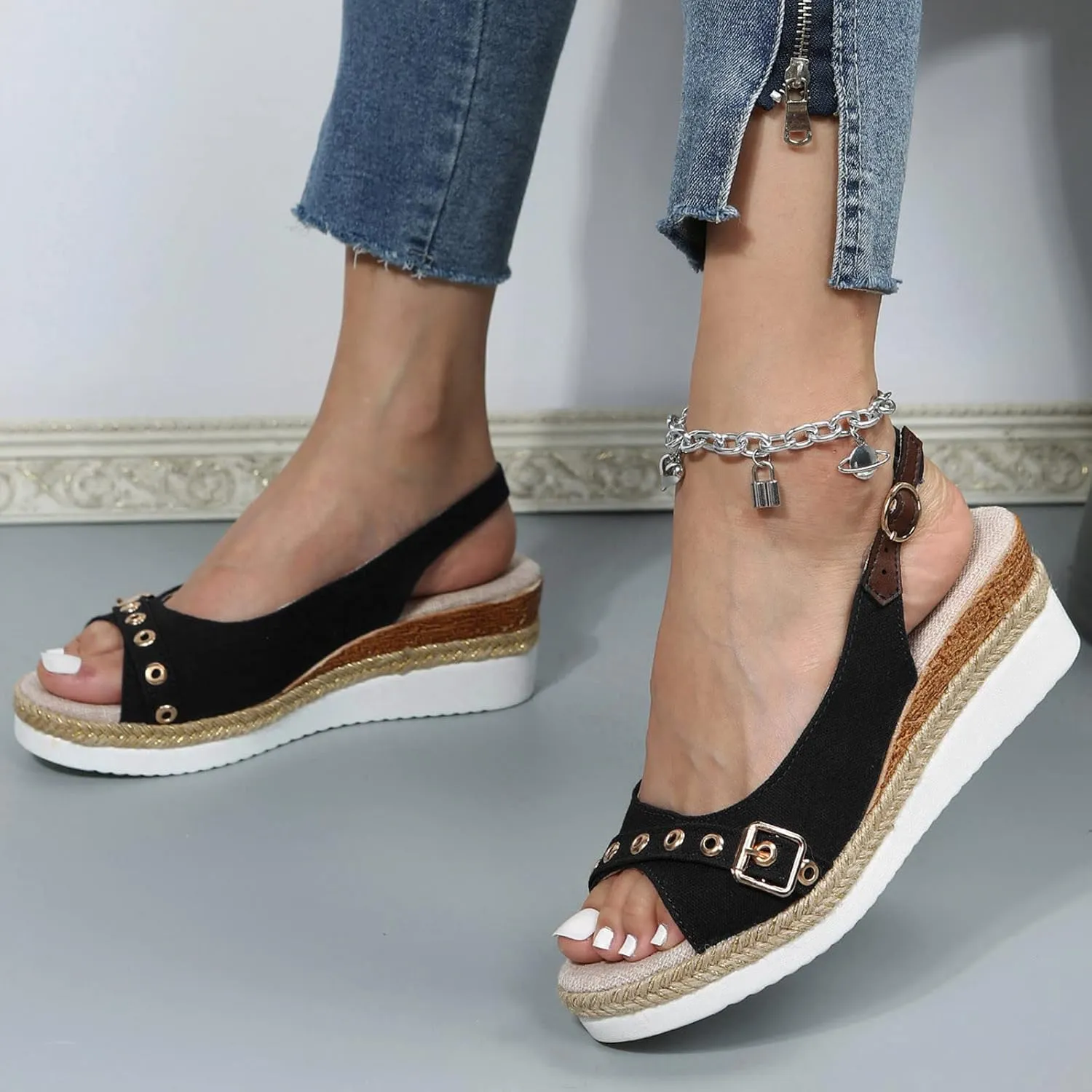Women’s Platform Low Wedges Slip on Heels for Women Sandals Ladies Fashion Solid Color Canvas Open Toe Belt
