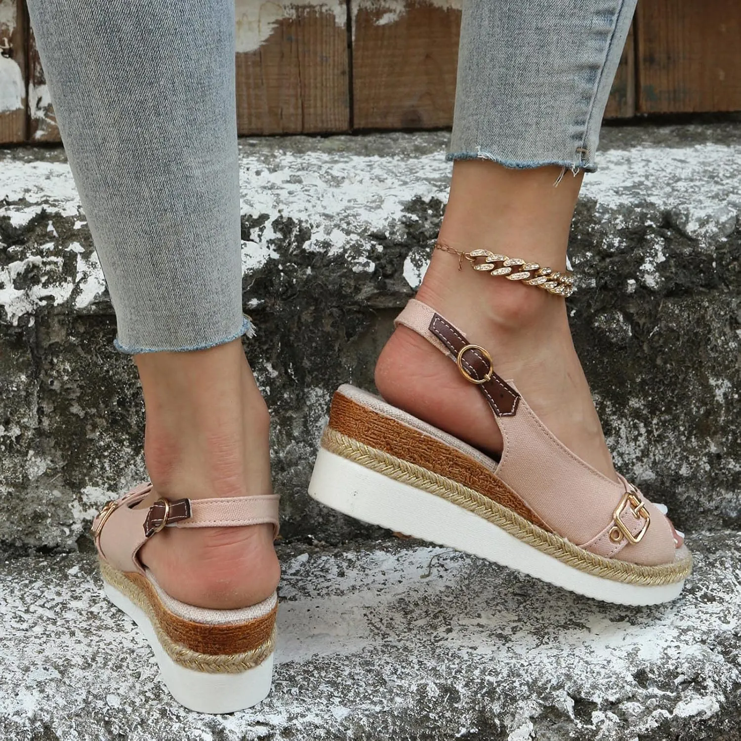 Women’s Platform Low Wedges Slip on Heels for Women Sandals Ladies Fashion Solid Color Canvas Open Toe Belt
