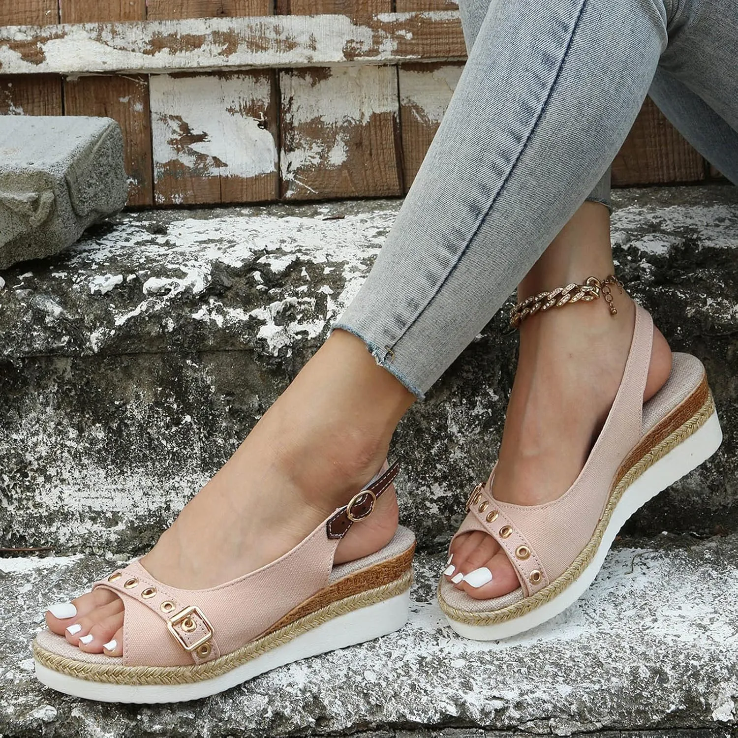 Women’s Platform Low Wedges Slip on Heels for Women Sandals Ladies Fashion Solid Color Canvas Open Toe Belt
