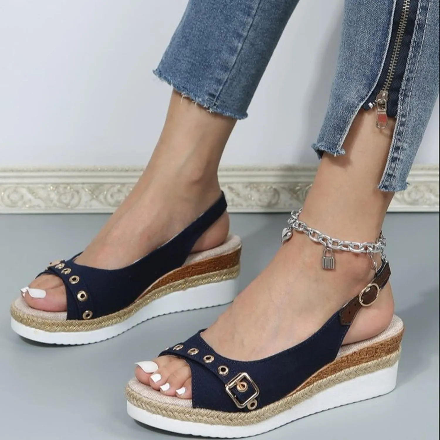 Women’s Platform Low Wedges Slip on Heels for Women Sandals Ladies Fashion Solid Color Canvas Open Toe Belt