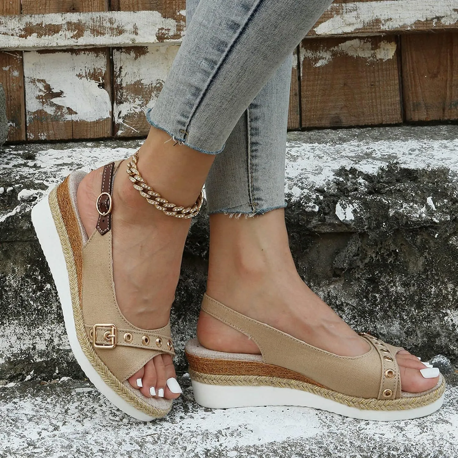 Women’s Platform Low Wedges Slip on Heels for Women Sandals Ladies Fashion Solid Color Canvas Open Toe Belt
