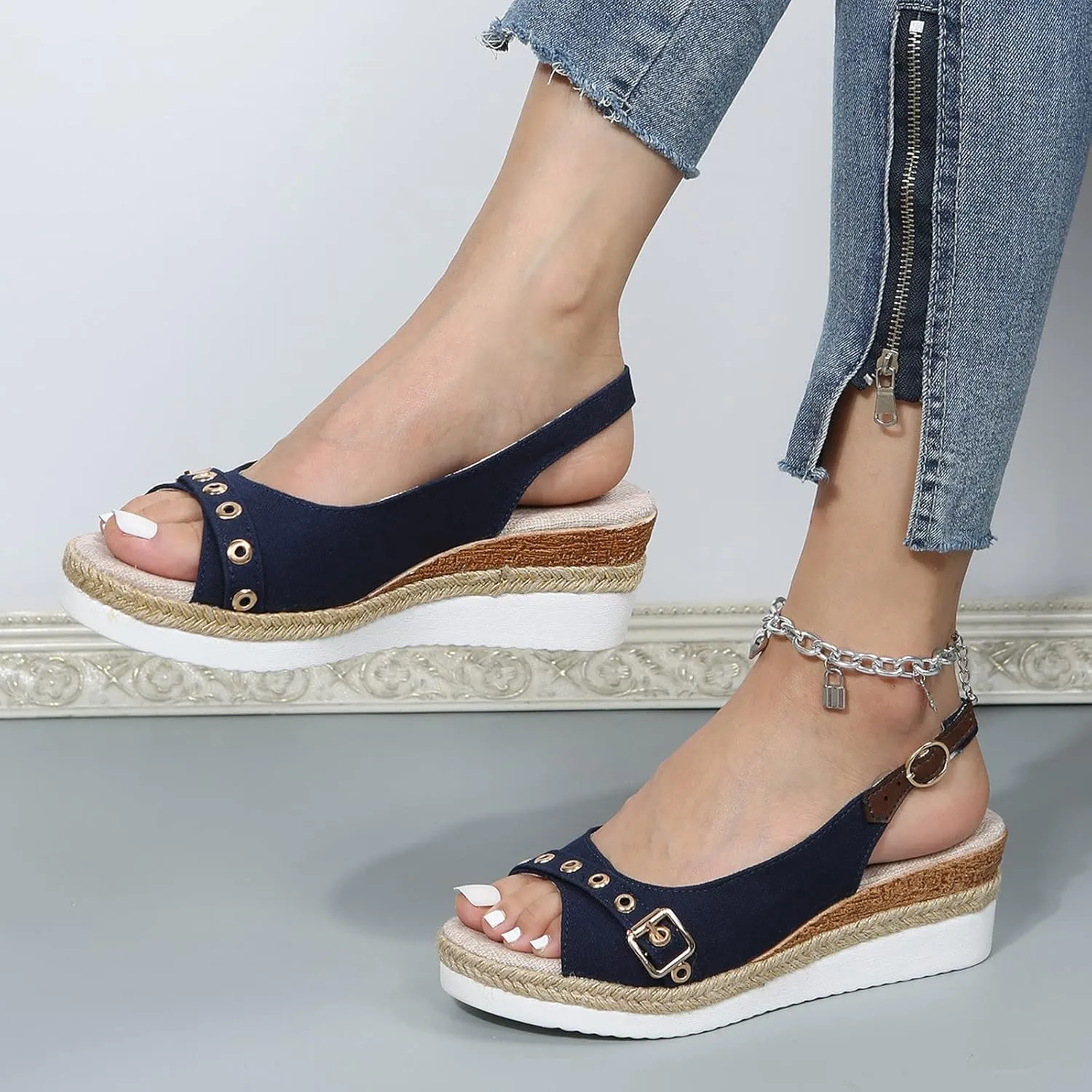 Women’s Platform Low Wedges Slip on Heels for Women Sandals Ladies Fashion Solid Color Canvas Open Toe Belt