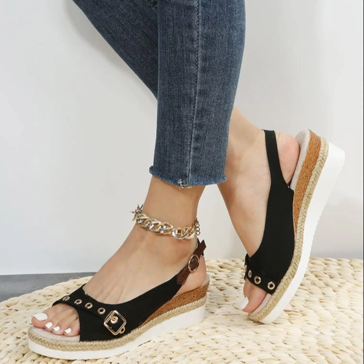 Women’s Platform Low Wedges Slip on Heels for Women Sandals Ladies Fashion Solid Color Canvas Open Toe Belt