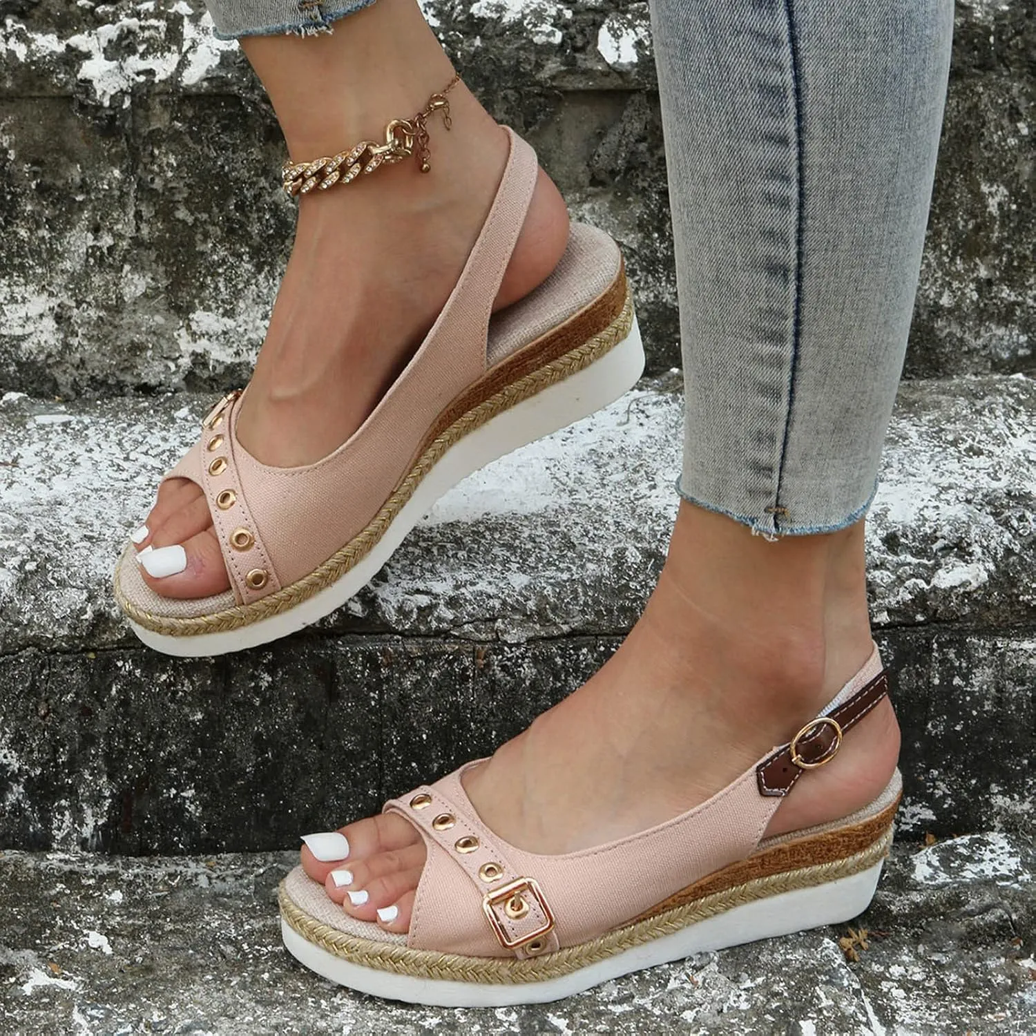 Women’s Platform Low Wedges Slip on Heels for Women Sandals Ladies Fashion Solid Color Canvas Open Toe Belt