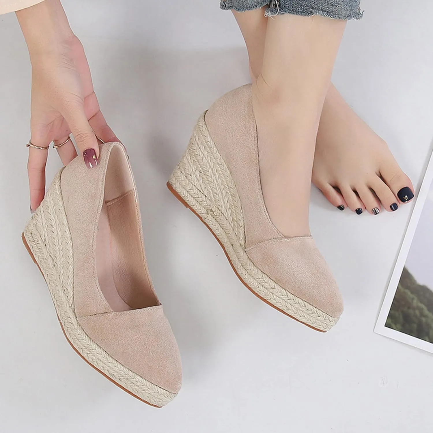 Women's Platform Sandals Wedge Casual Shoes Woman Canvas Trendy Shoes High Heels Shoes For Women Jute Sole