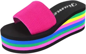 Womens Platform Slides Sandals Colorful Rainbow Lightweight Foam Thick Soles Wedge Heels Open Toe Slip On Wedge Shoes Home Slippers for Summer Indoor and Outdoor