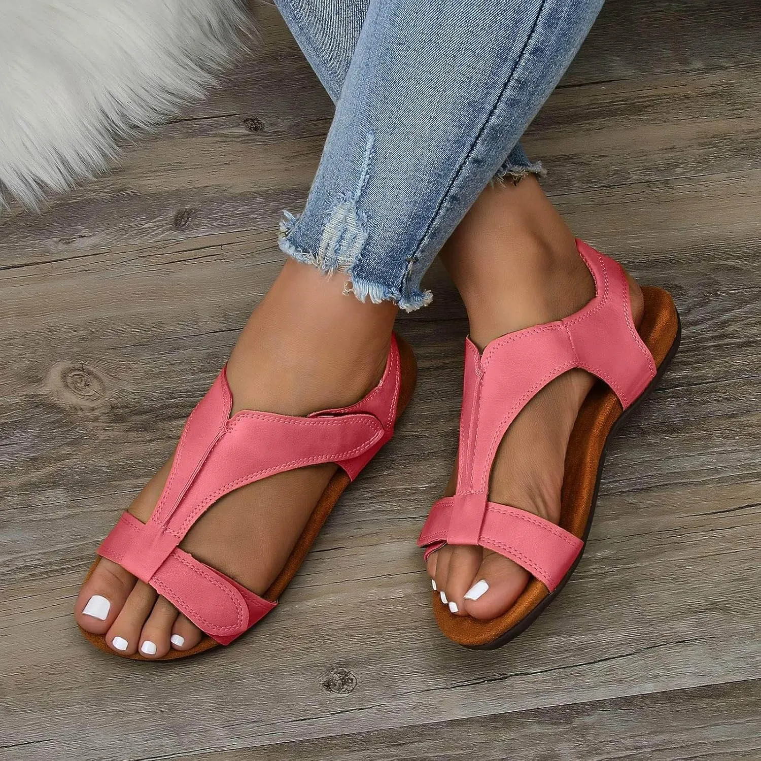 Womens Sandals Arch Support T-Strap Orthopedic Flat Adjustable Comfortable T-Strap Walking Sandals Beach Shoes