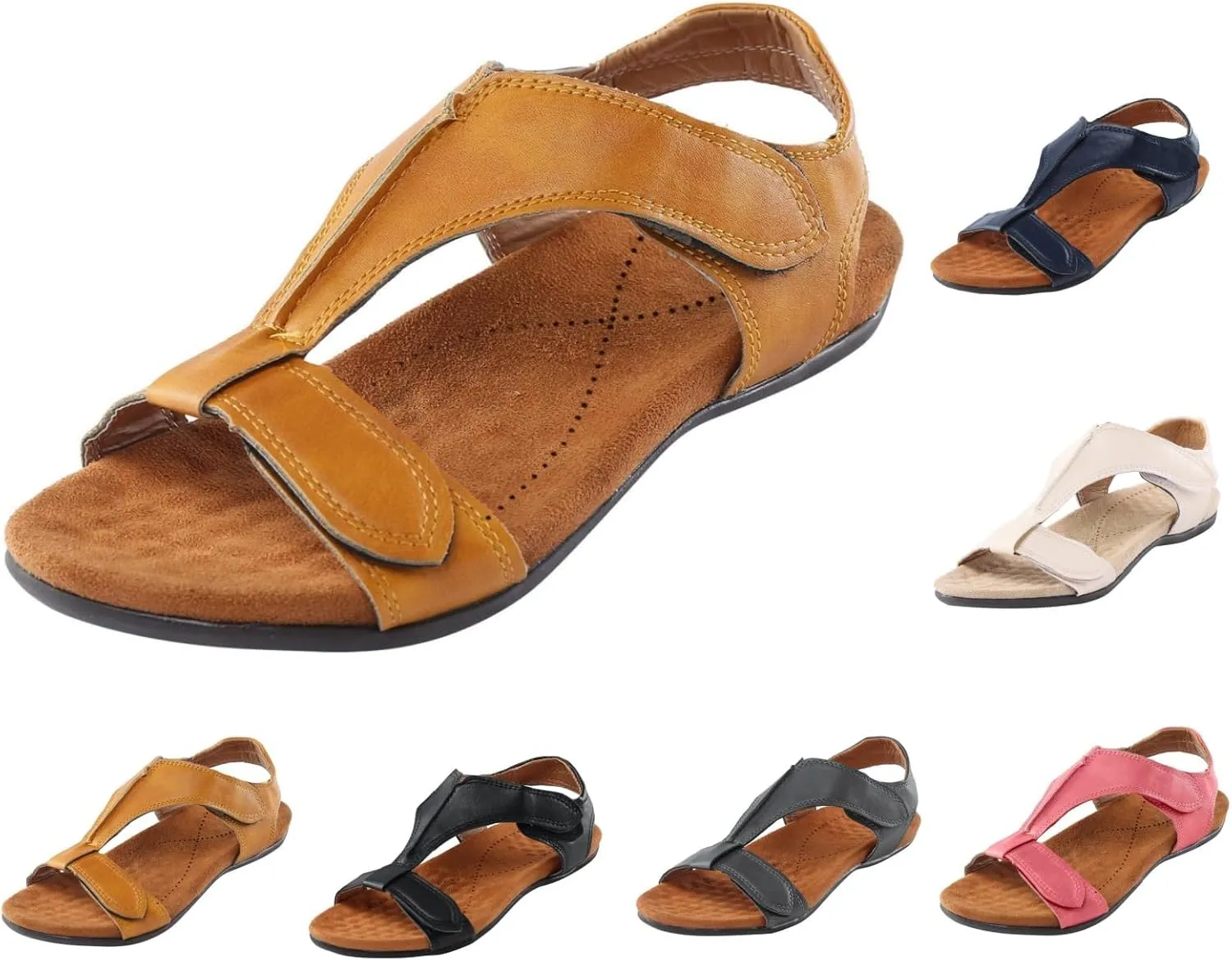 Womens Sandals Arch Support T-Strap Orthopedic Flat Adjustable Comfortable T-Strap Walking Sandals Beach Shoes