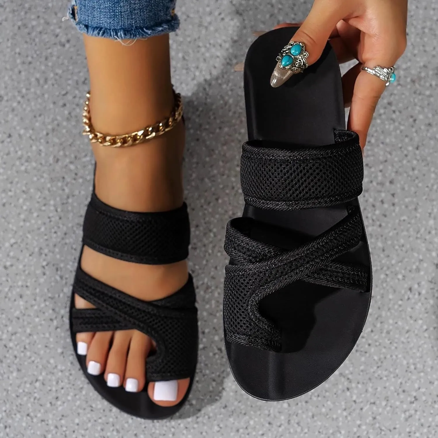 Womens Sandals Dressy Mesh Slides For Woman Foam Sole Sport Thong Sandals Orthopedic Flip Flops Flats Slippers