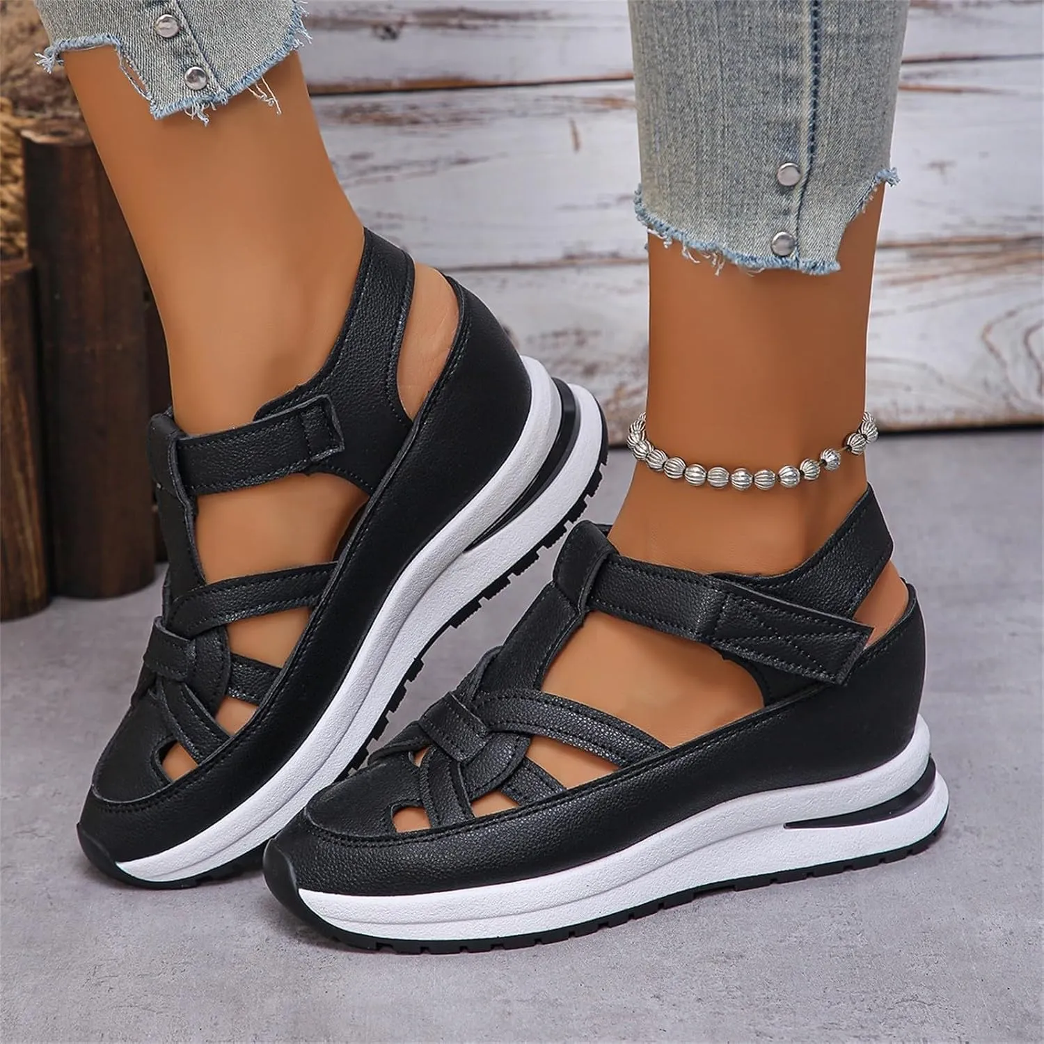 Womens Sandals Slip On Hollow Out Breathable Platform Wedge Sandals Comfortable Closed Toe Casual Sneakers Soft Leather Hook and Loop Straps Available Shoes Light Weight Hiking Sandal for Women