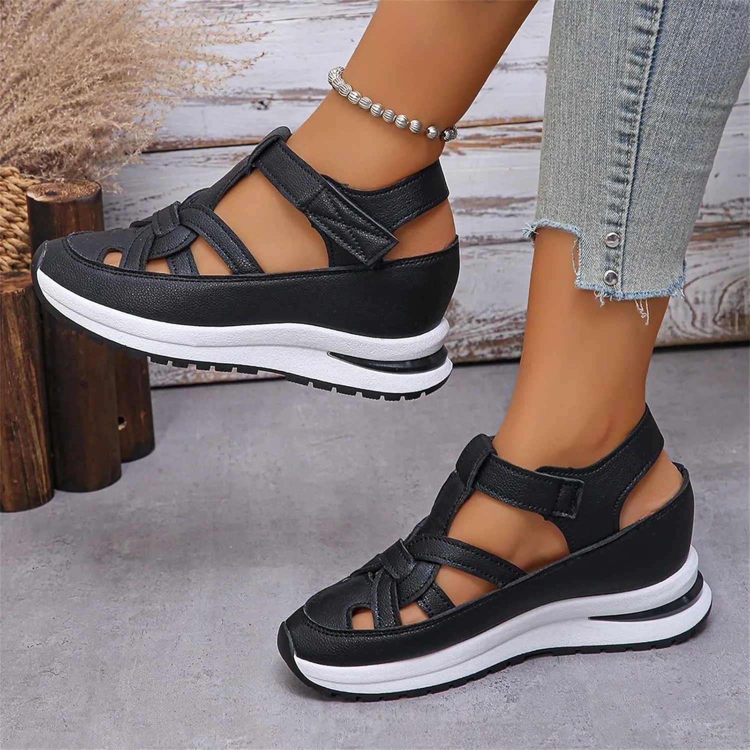Womens Sandals Slip On Hollow Out Breathable Platform Wedge Sandals Comfortable Closed Toe Casual Sneakers Soft Leather Hook and Loop Straps Available Shoes Light Weight Hiking Sandal for Women