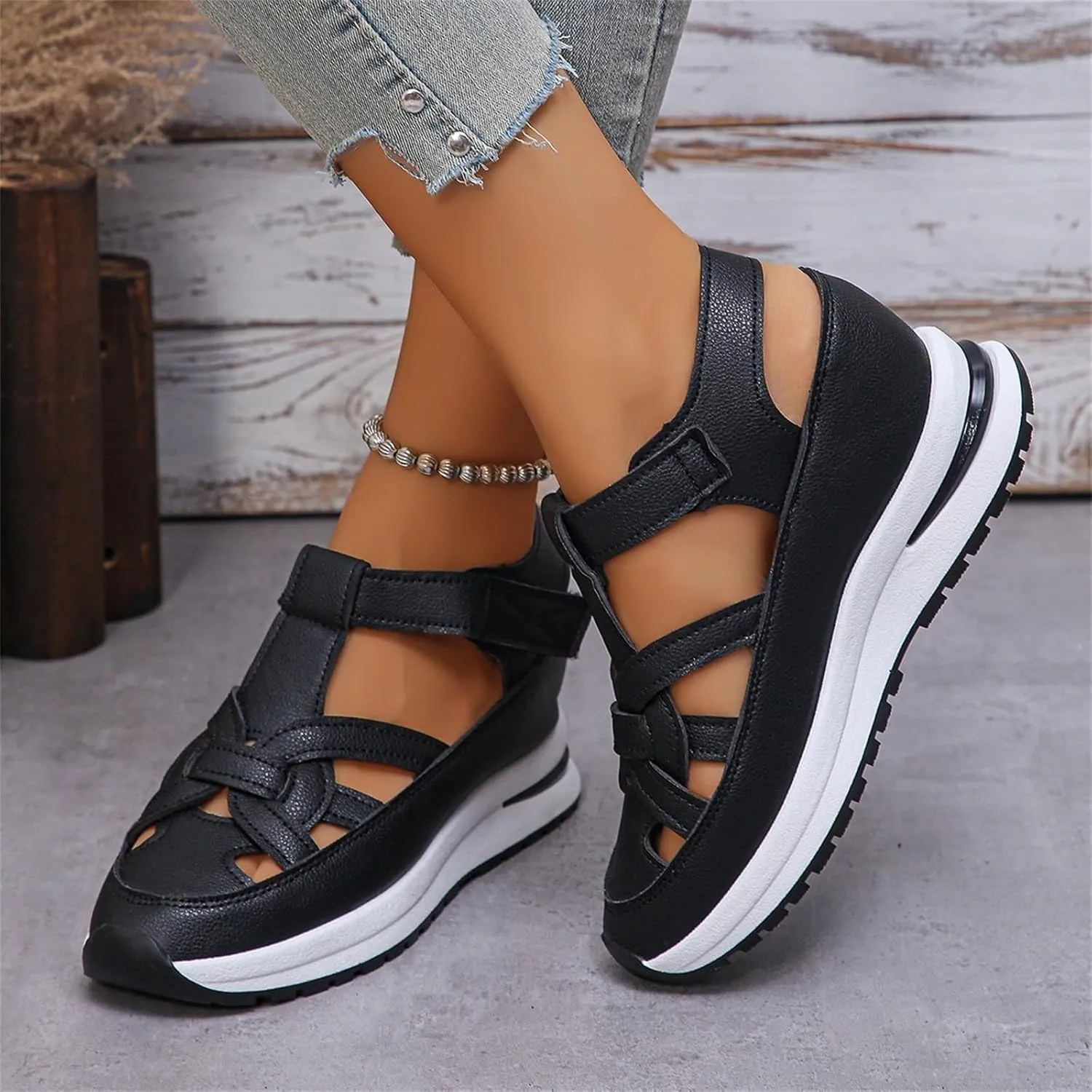Womens Sandals Slip On Hollow Out Breathable Platform Wedge Sandals Comfortable Closed Toe Casual Sneakers Soft Leather Hook and Loop Straps Available Shoes Light Weight Hiking Sandal for Women