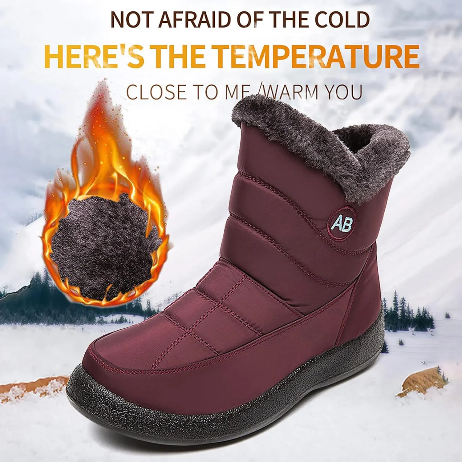 Womens Snow Boots Black Waterproof Unisex Fur Lined Slip On Boots Women's Slip On Winter Snow Boots Warm Women Snow Shoes Steel Toe Shoes for Men Mens Winter Booties