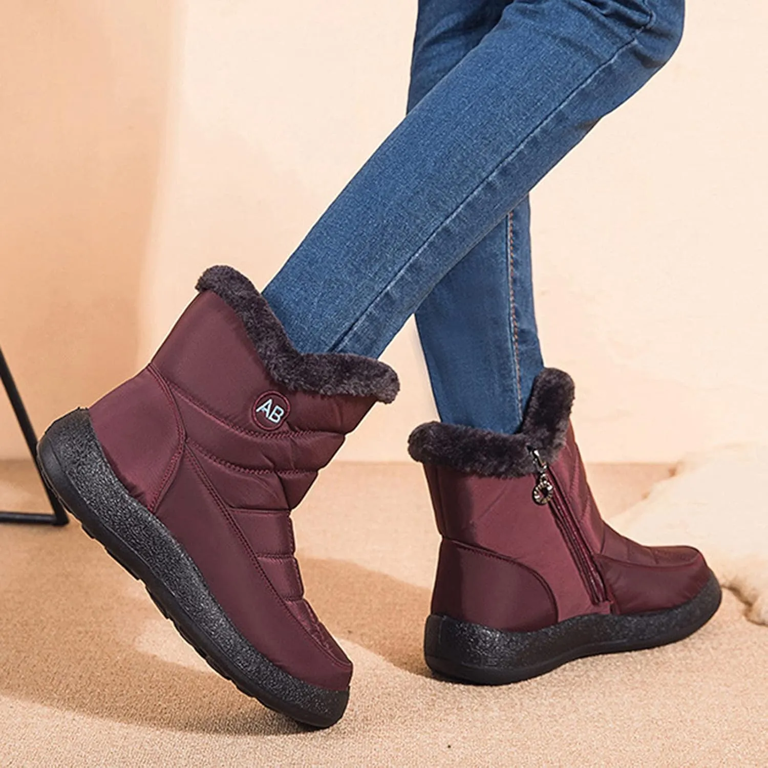Womens Snow Boots Black Waterproof Unisex Fur Lined Slip On Boots Women's Slip On Winter Snow Boots Warm Women Snow Shoes Steel Toe Shoes for Men Mens Winter Booties