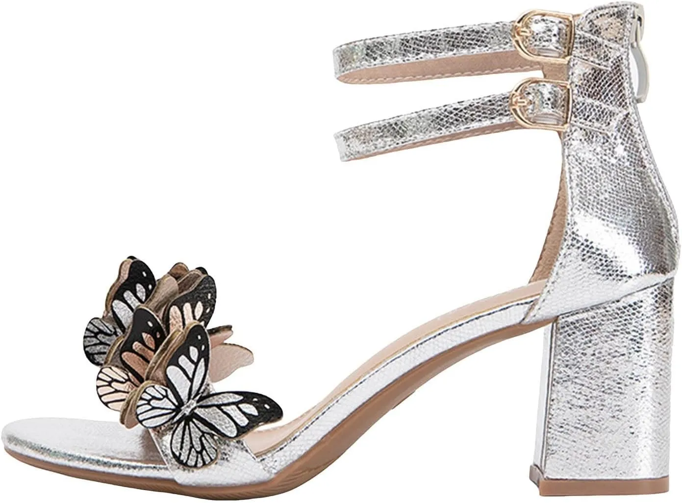 Women's Summer Casual Chunky Heels Sandals Low Chunky Heels Slingback Dress Shoes Fashionable Butterfly Decoration Back Zipper Strappy Sandals for Wedding Beach Vacation