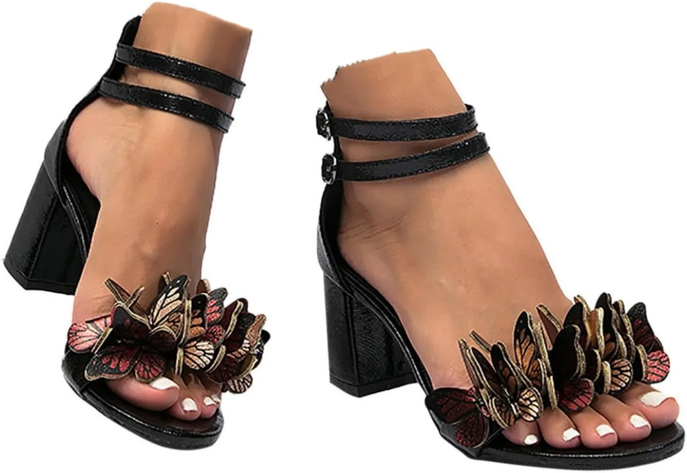 Women's Summer Casual Chunky Heels Sandals Low Chunky Heels Slingback Dress Shoes Fashionable Butterfly Decoration Back Zipper Strappy Sandals for Wedding Beach Vacation