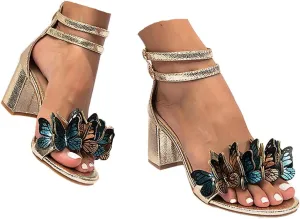 Women's Summer Casual Chunky Heels Sandals Low Chunky Heels Slingback Dress Shoes Fashionable Butterfly Decoration Back Zipper Strappy Sandals for Wedding Beach Vacation