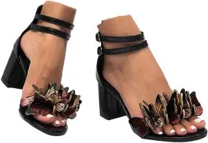 Women's Summer Casual Chunky Heels Sandals Low Chunky Heels Slingback Dress Shoes Fashionable Butterfly Decoration Back Zipper Strappy Sandals for Wedding Beach Vacation