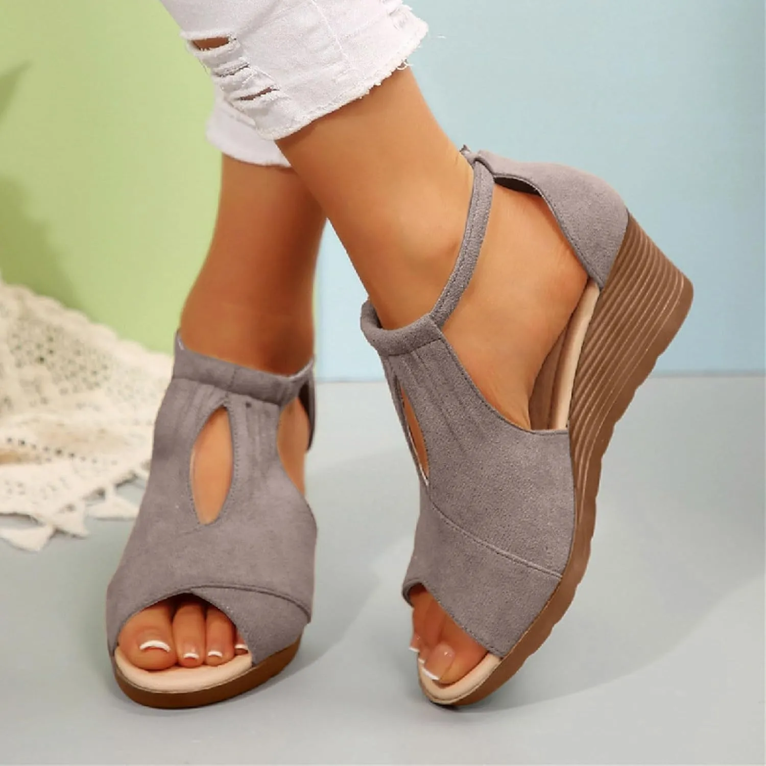 Womens Wedge Sandal Wide Width Open Toe Buckle Ankle Strap Espadrilles Flatform Wedge Casual Sandal Beach Vacation Shoes
